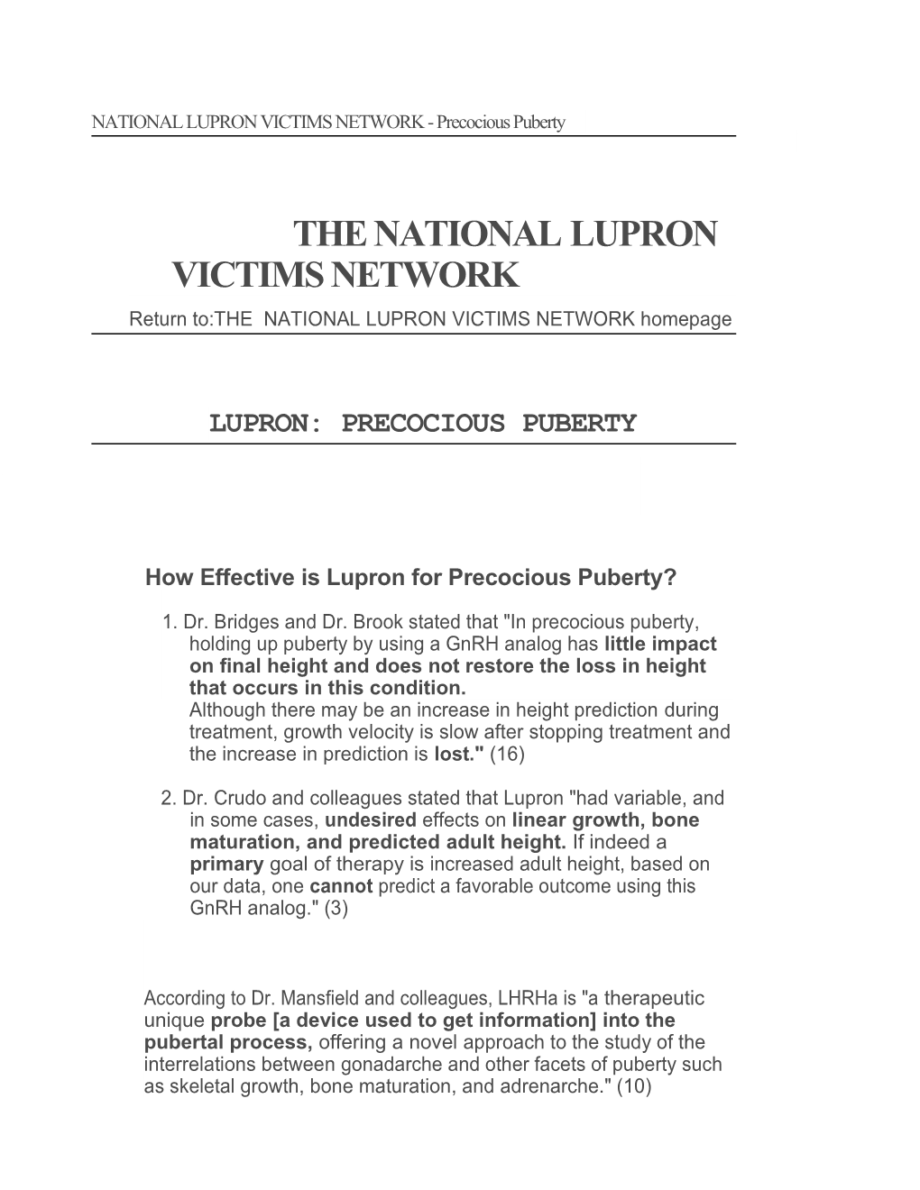NATIONAL LUPRON VICTIMS NETWORK - Precocious Puberty