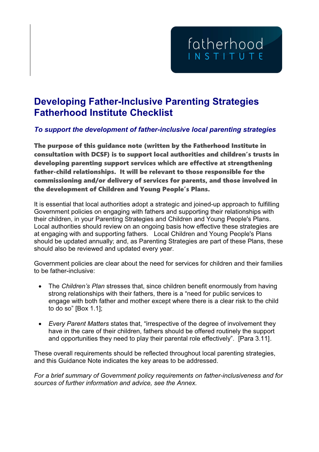 Father-Inclusive Parenting Strategy Strategy: a Self-Assessment Tool for Planners