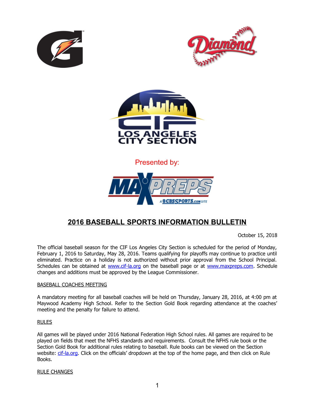 2016 Baseball Sports Information Bulletin