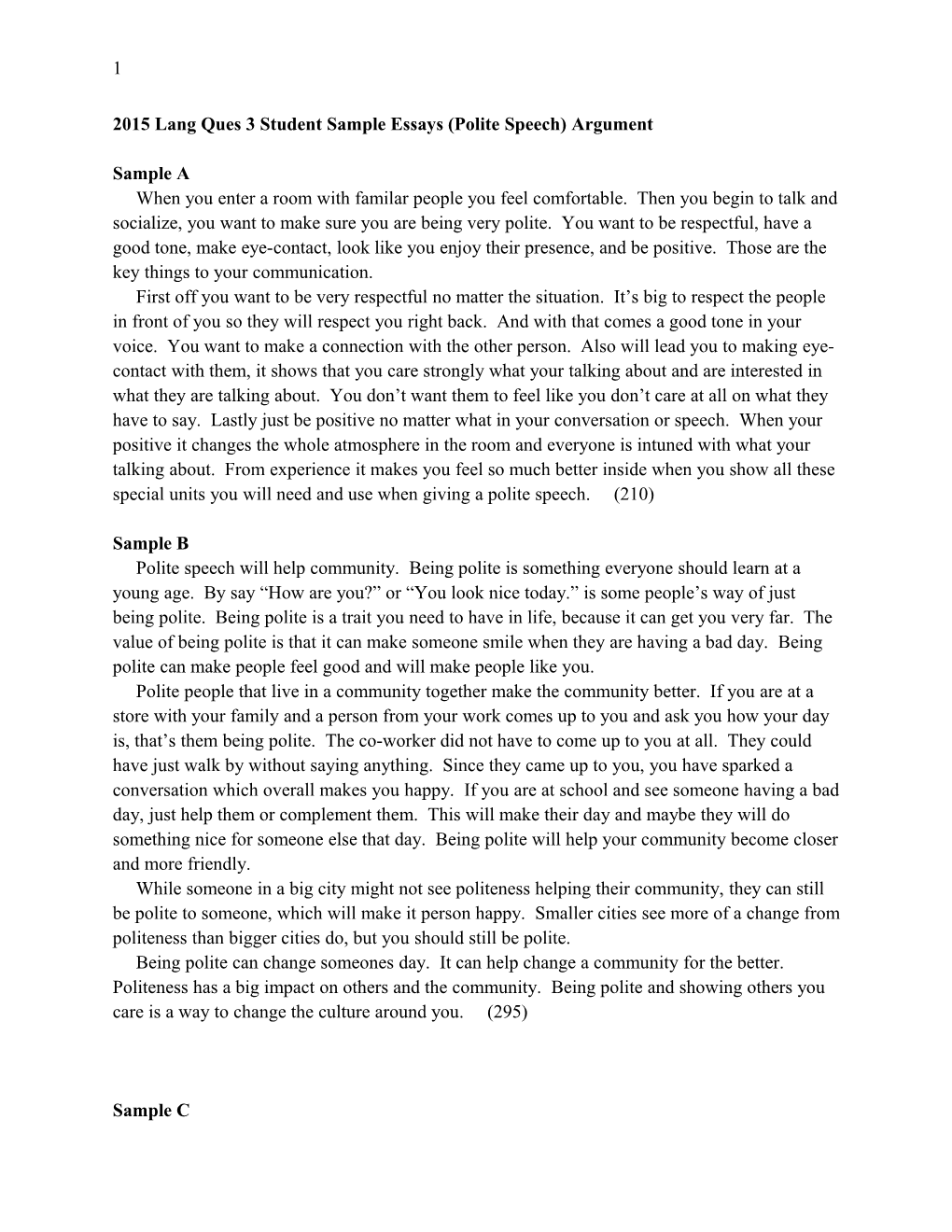 2015 Lang Ques 3 Student Sample Essays (Polite Speech) Argument