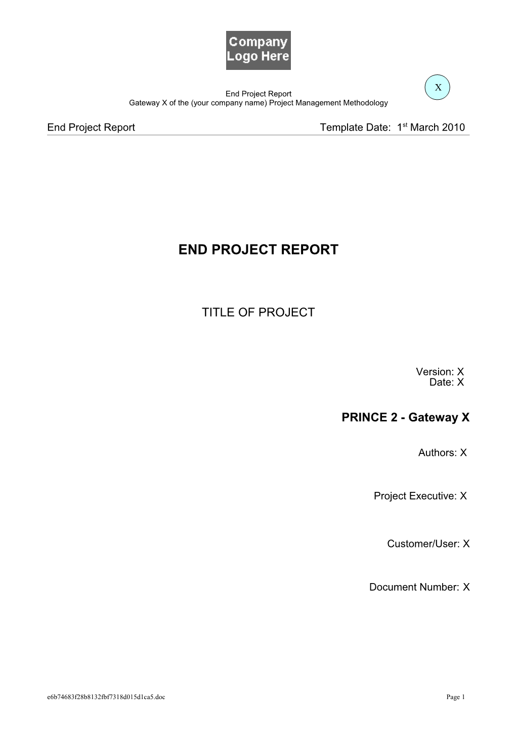 Gateway X of the (Your Company Name) Project Management Methodology