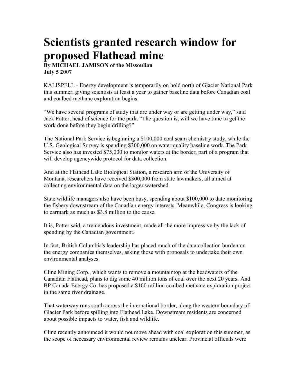 Scientists Granted Research Window for Proposed Flathead Mine