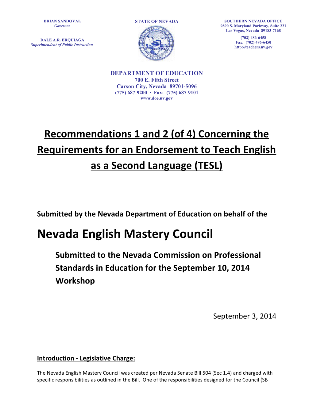Nevada English Mastery Council: Recommendations Concerning the Requirements for an Endorsement