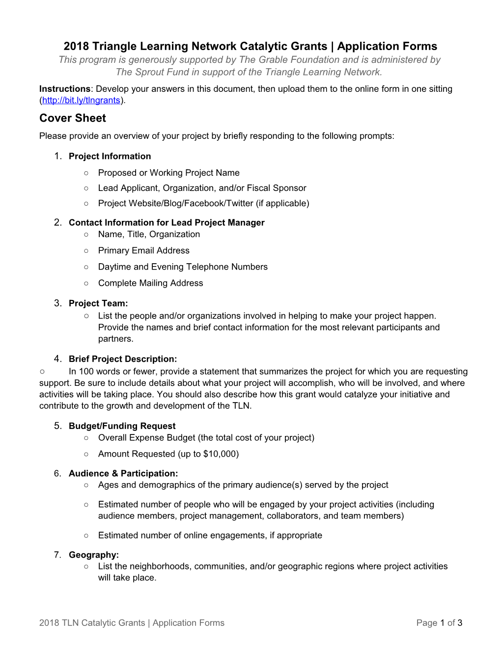 2018 Triangle Learning Network Catalytic Grants Application Forms