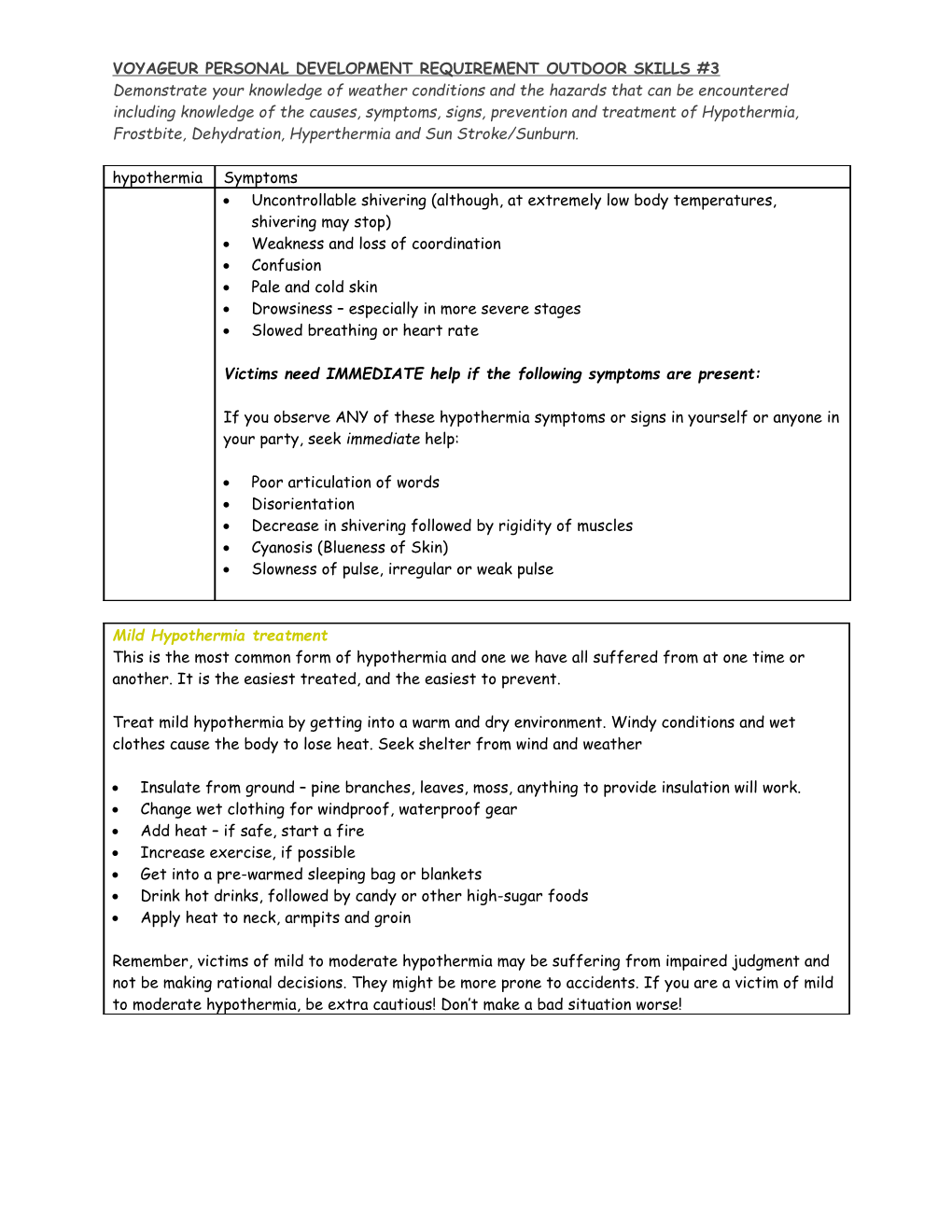 Voyageur Personal Development Requirement Outdoor Skills #3