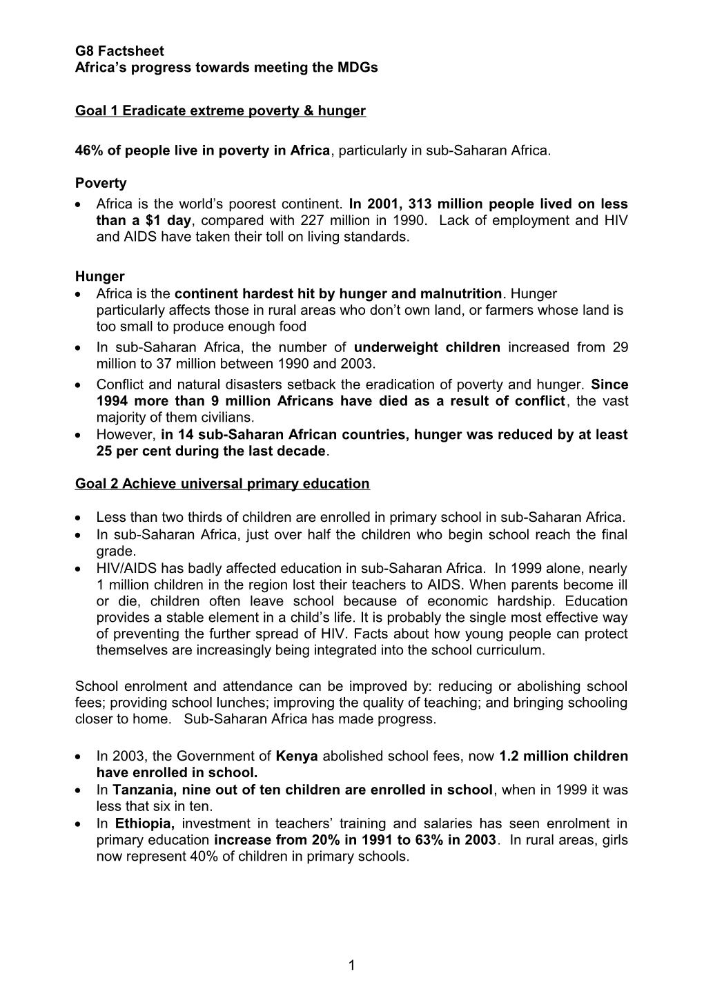 Sub-Saharan Progress Toward Meeting the Mdgs