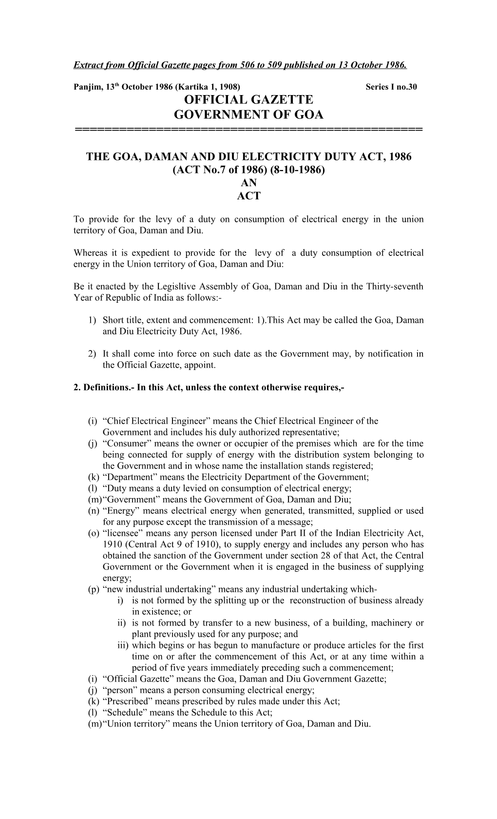 The Goa, Daman and Diu Electricity Duty Act, 1986