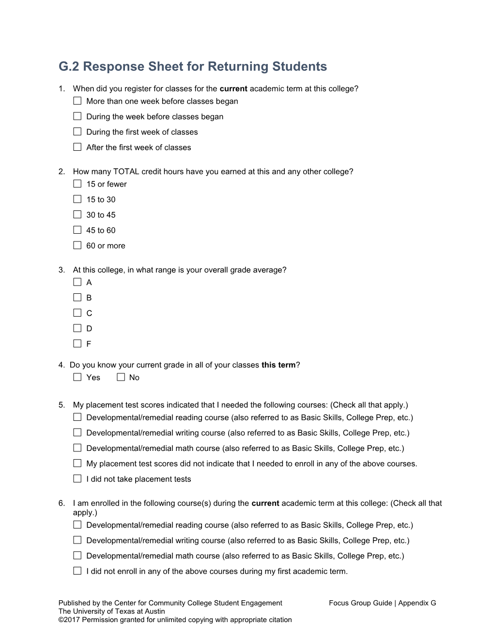 G.2 Response Sheet for Returning Students