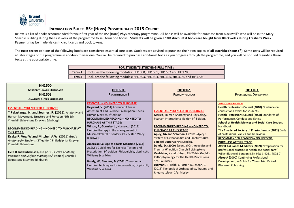 Booklist: Bsc (Hons) Physiotherapy 2004/5 Intake