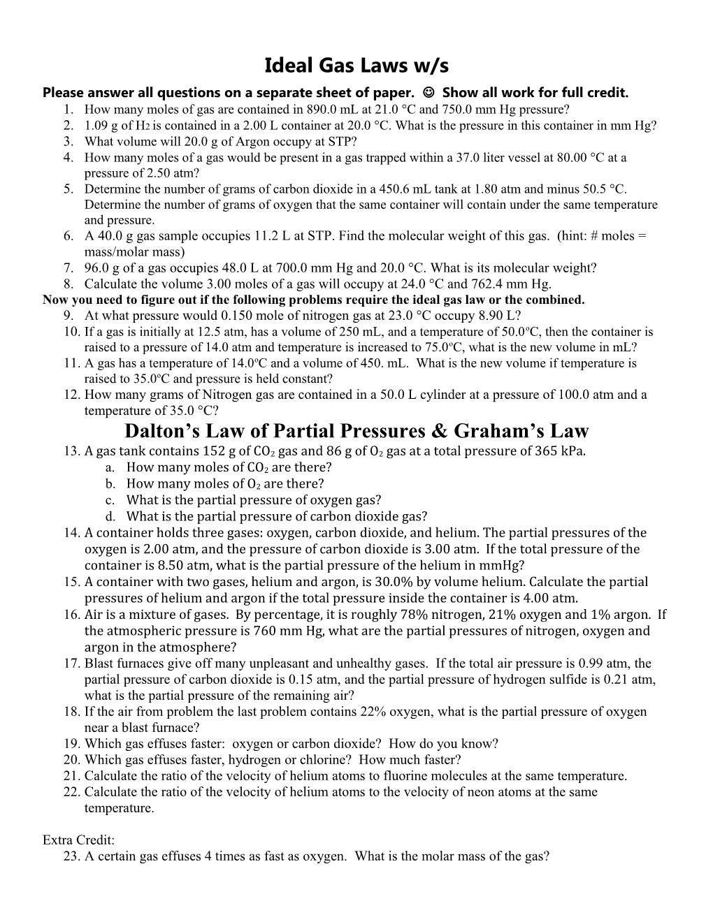 Ideal Gas Laws W/S