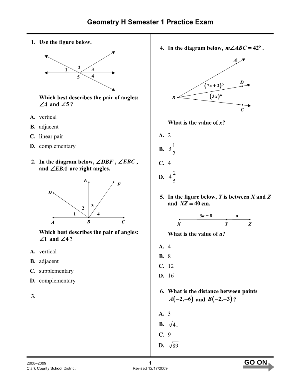 Geometry H Semester 1Practice Exam