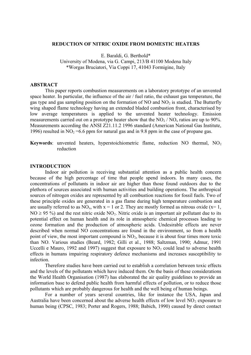 Reduction of Nitric Oxide from Domestic Heaters