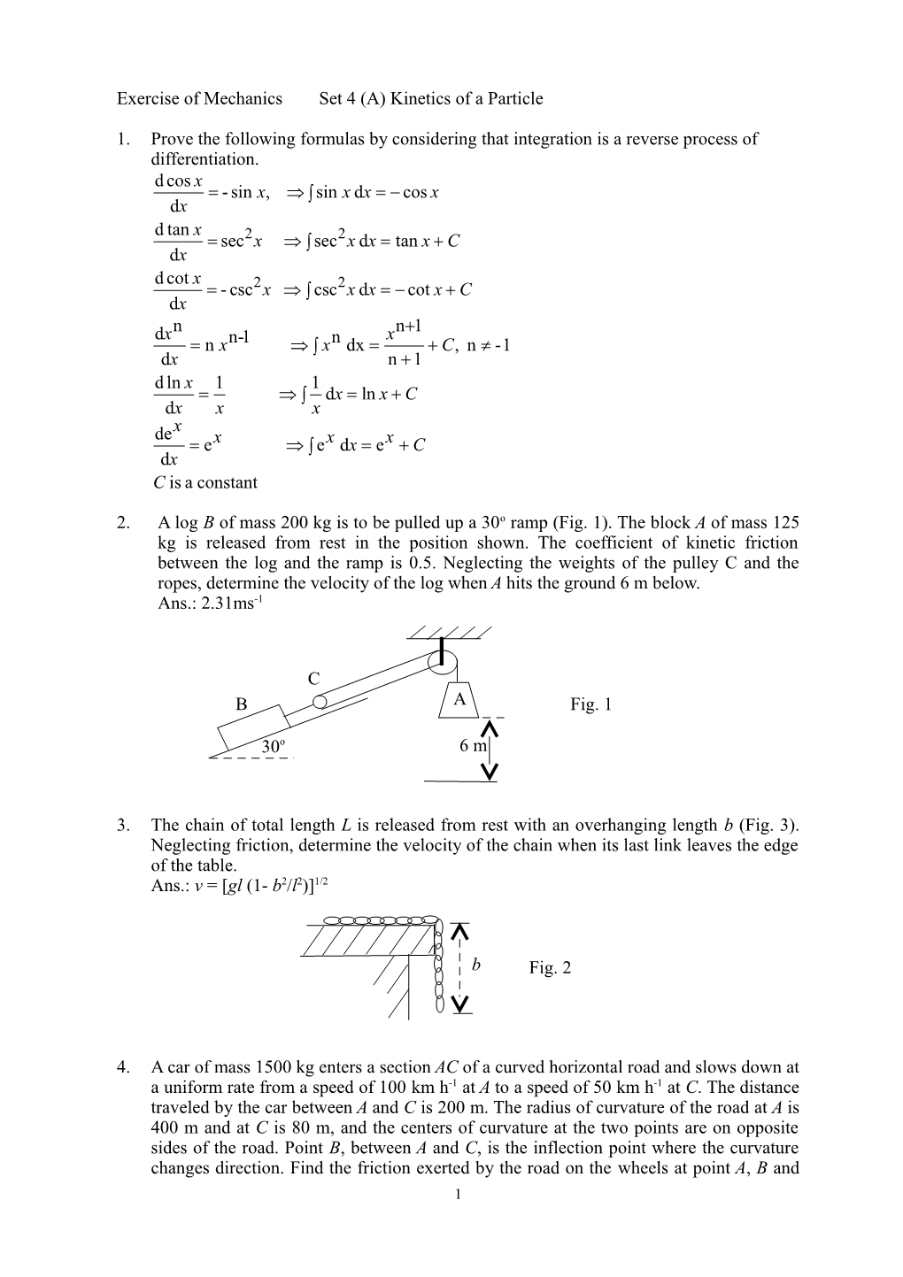 Exercise of Mechanics Set 4 (A) Kinetics of a Particle