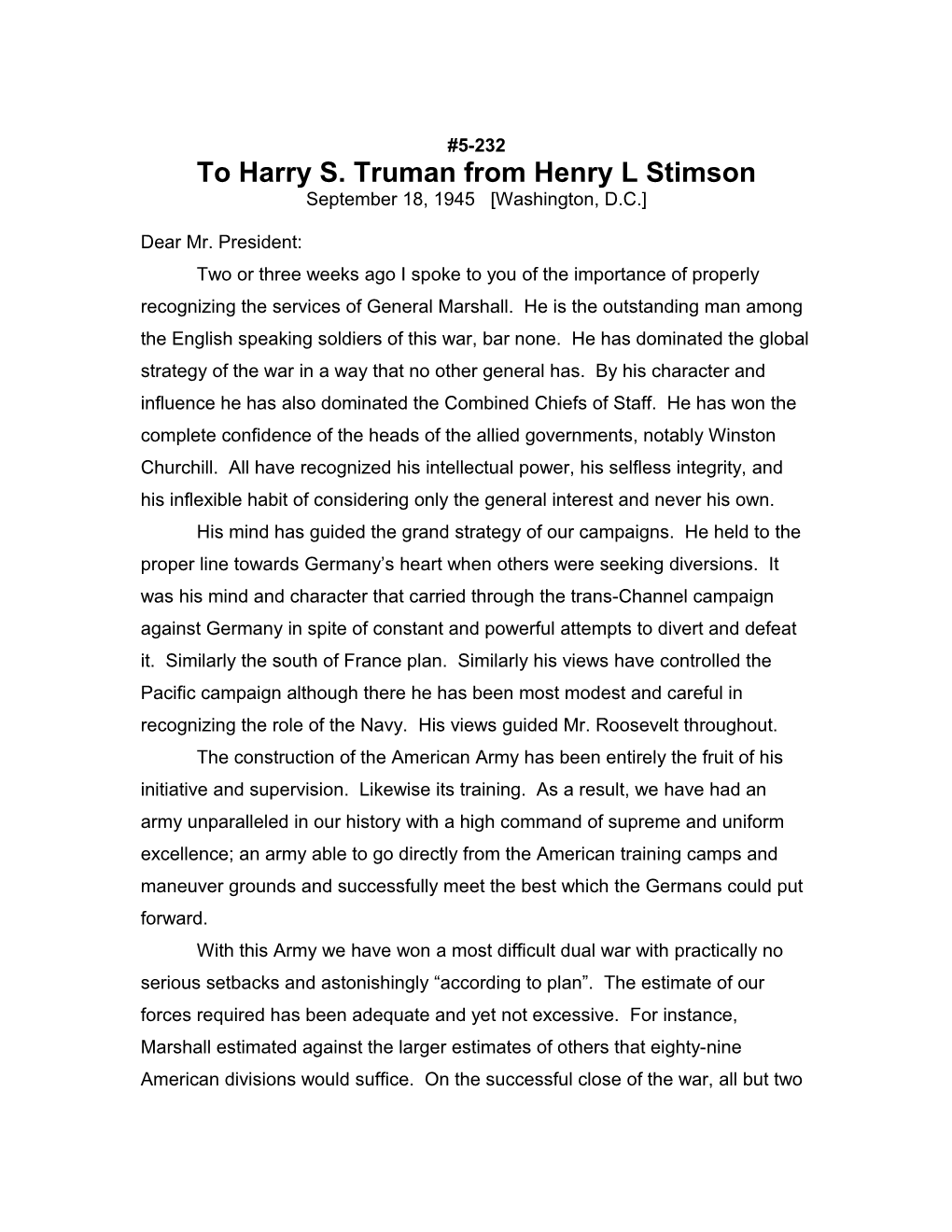 To Harry S. Truman from Henry L Stimson
