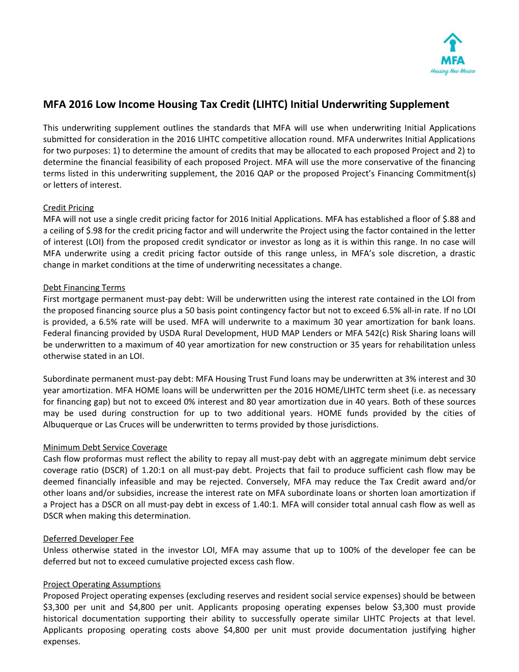 MFA 2016 Low Income Housing Tax Credit (LIHTC) Initial Underwriting Supplement