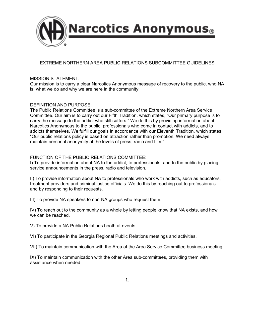 Extreme Northern Area Public Relations Subcommittee Guidelines