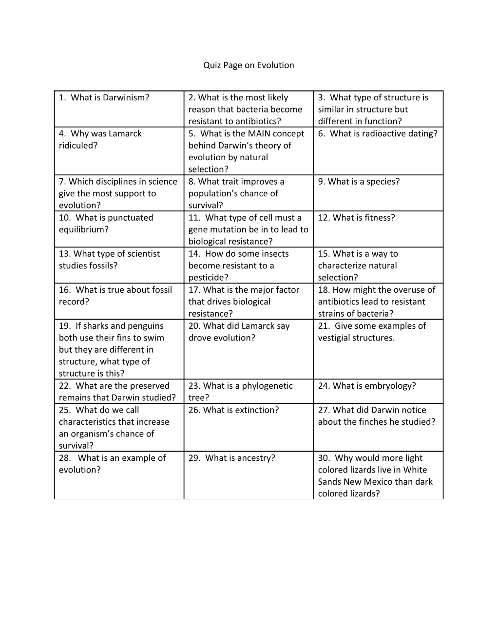 Answer Page for Evolution