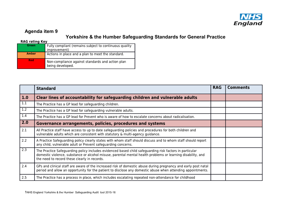 Yorkshire & the Humbersafeguarding Standards for General Practice