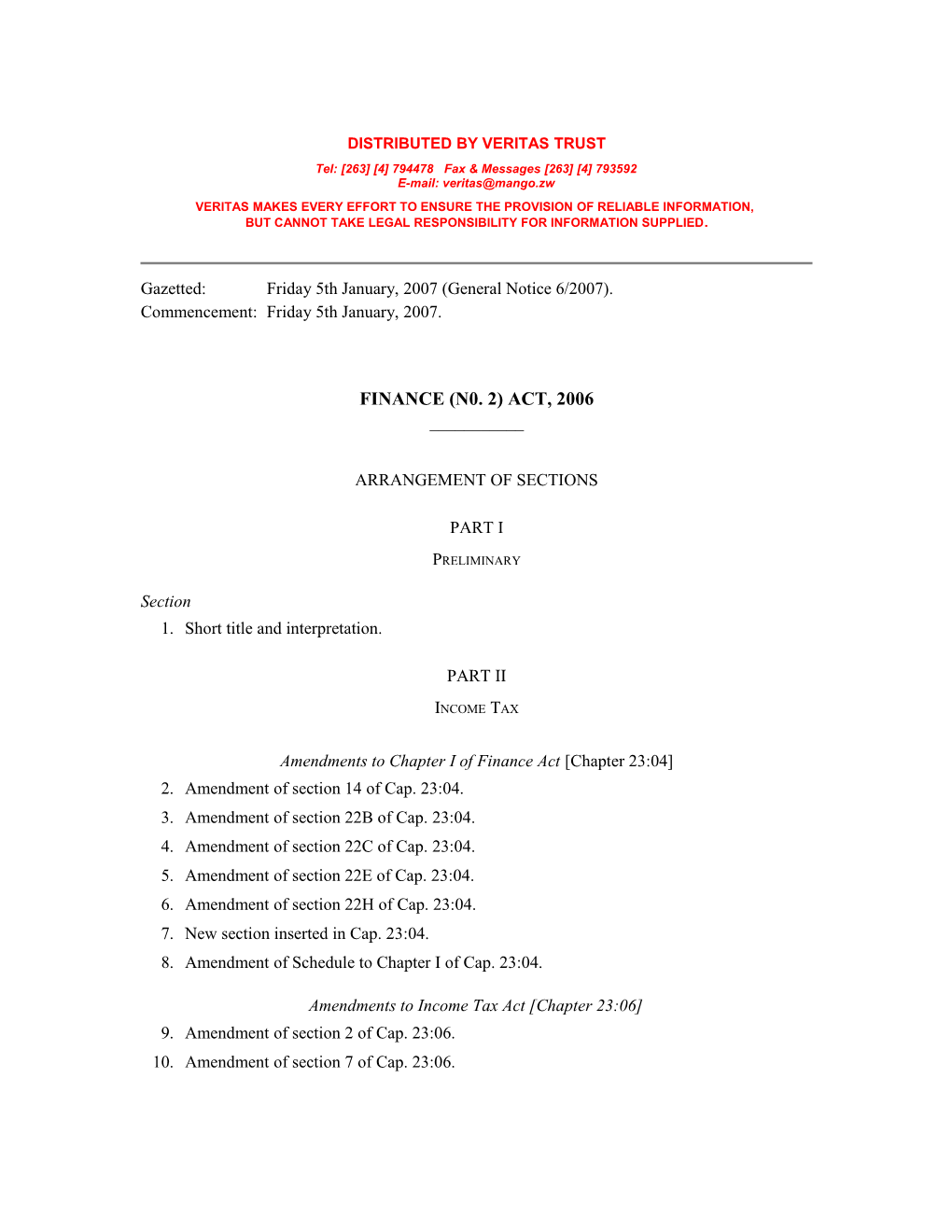 Finance (No. 2) Act 2006 - Act No. 12 of 2006