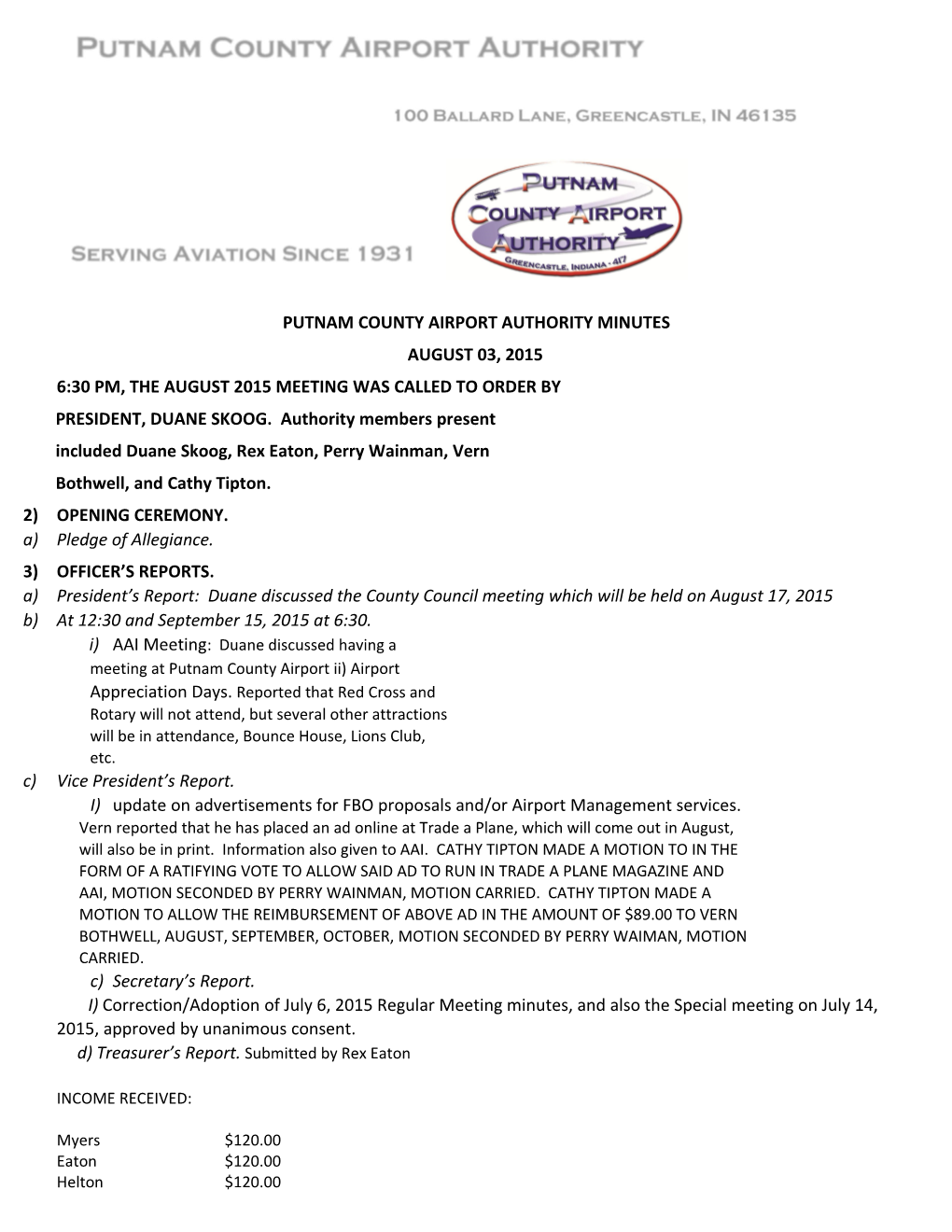 Putnam County Airport Authority Minutes