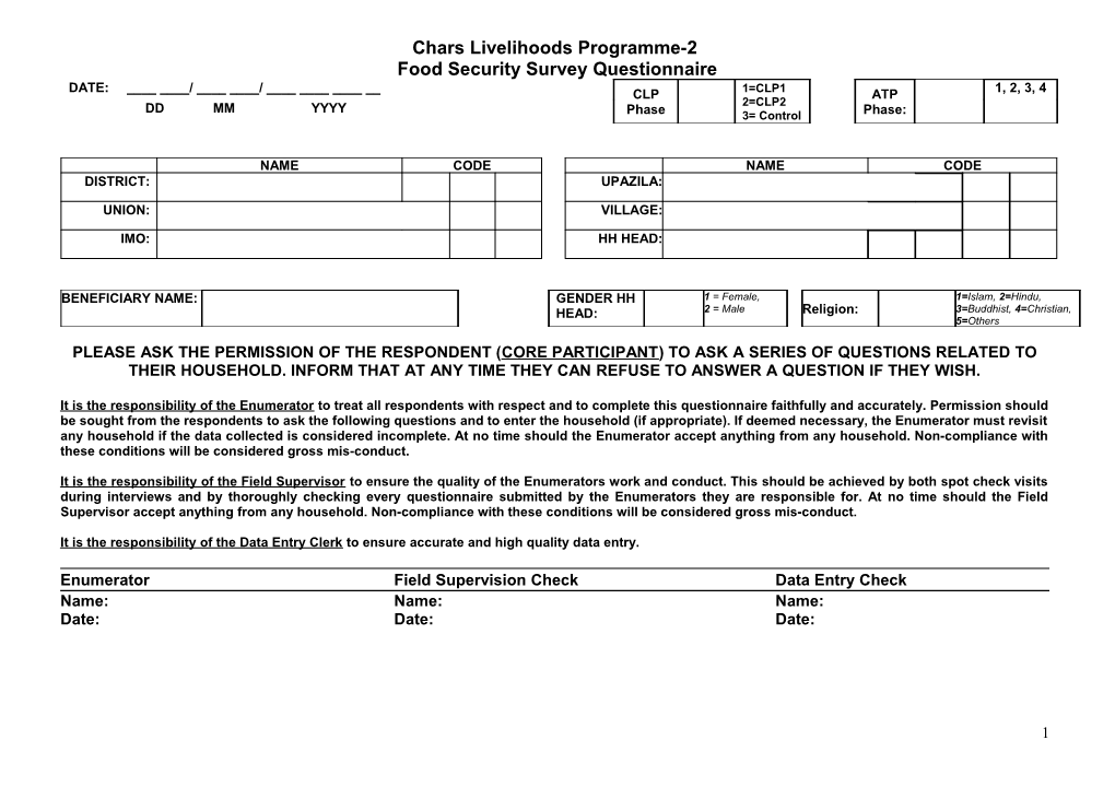 Food Security Questionnaire