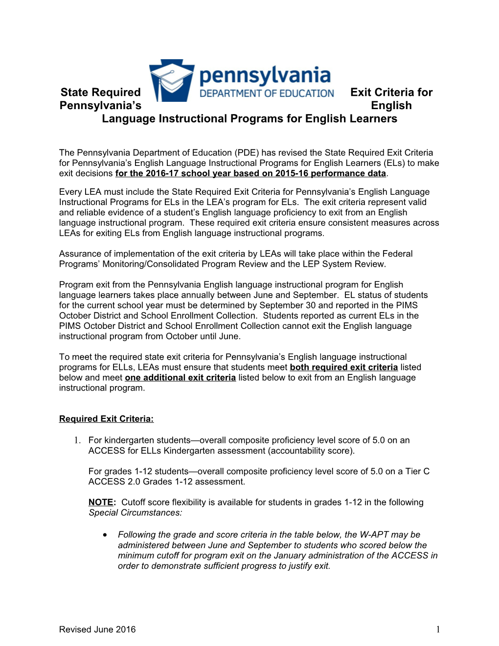 State Required Exit Criteria for Pennsylvania Senglish Language Instructional Programs