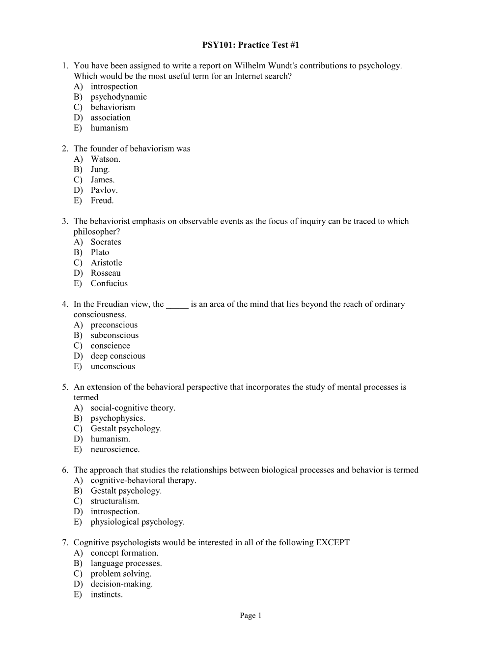 PSY101: Practice Test #1