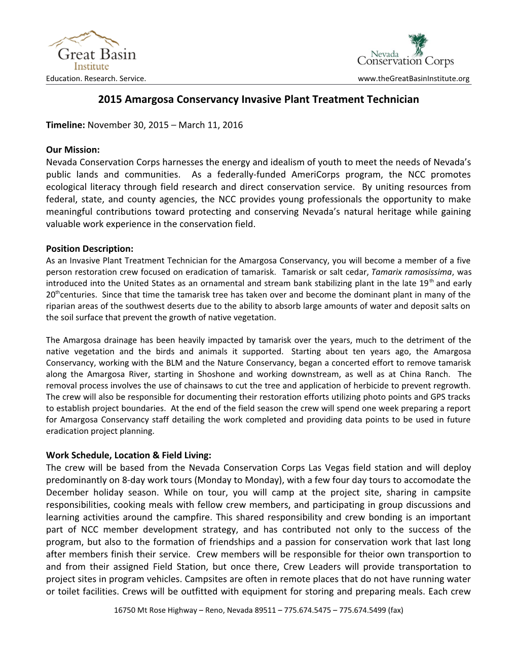 2015 Amargosa Conservancy Invasive Plant Treatment Technician