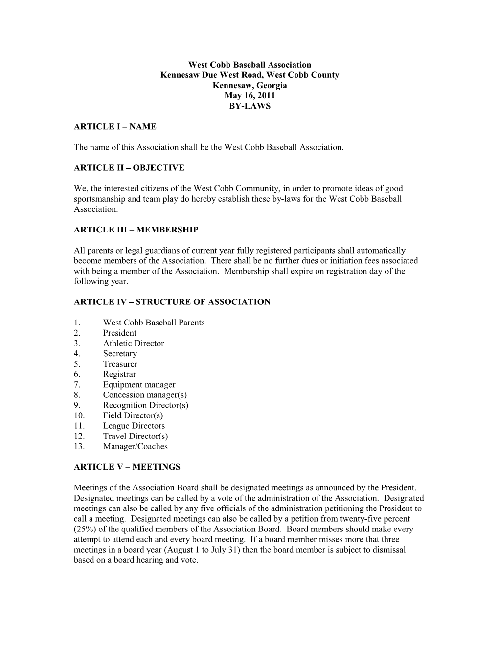 OPBA Travel Team Rules & Regulations-Proposed Amendments