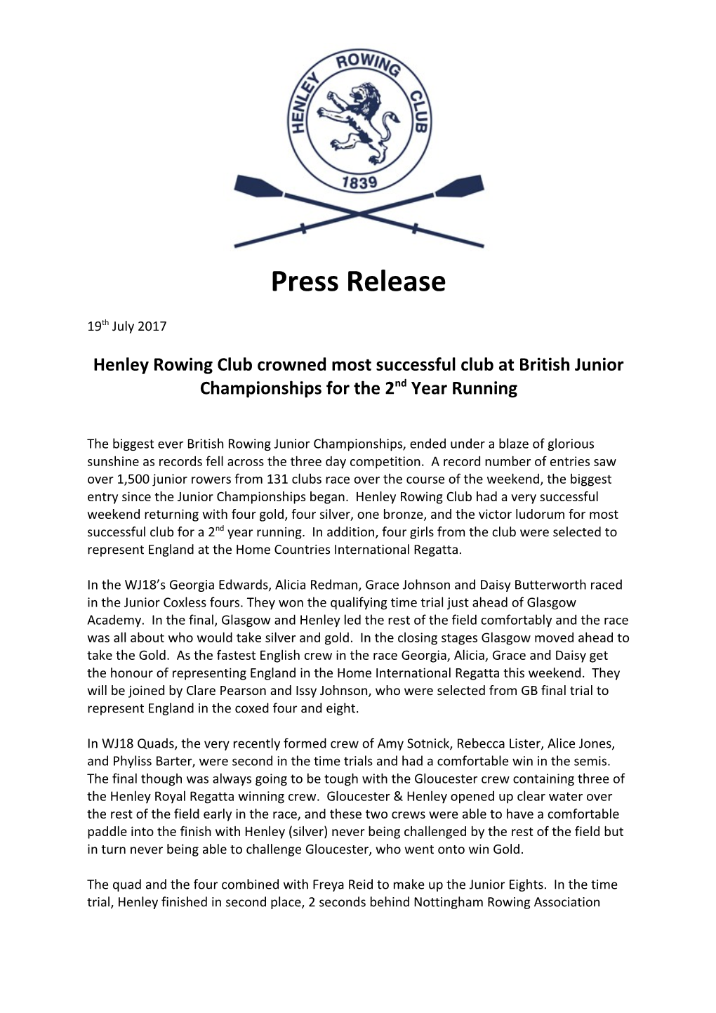 Henley Rowing Club Crowned Most Successful Club at British Junior Championships for The