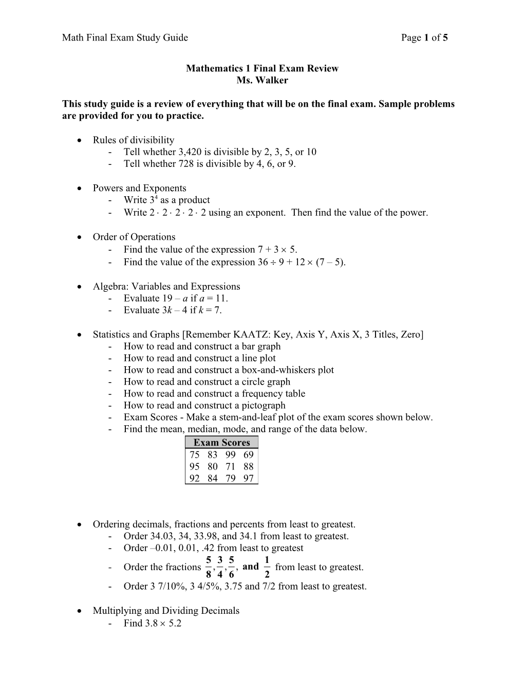 Mathematics 1 Final Exam Review