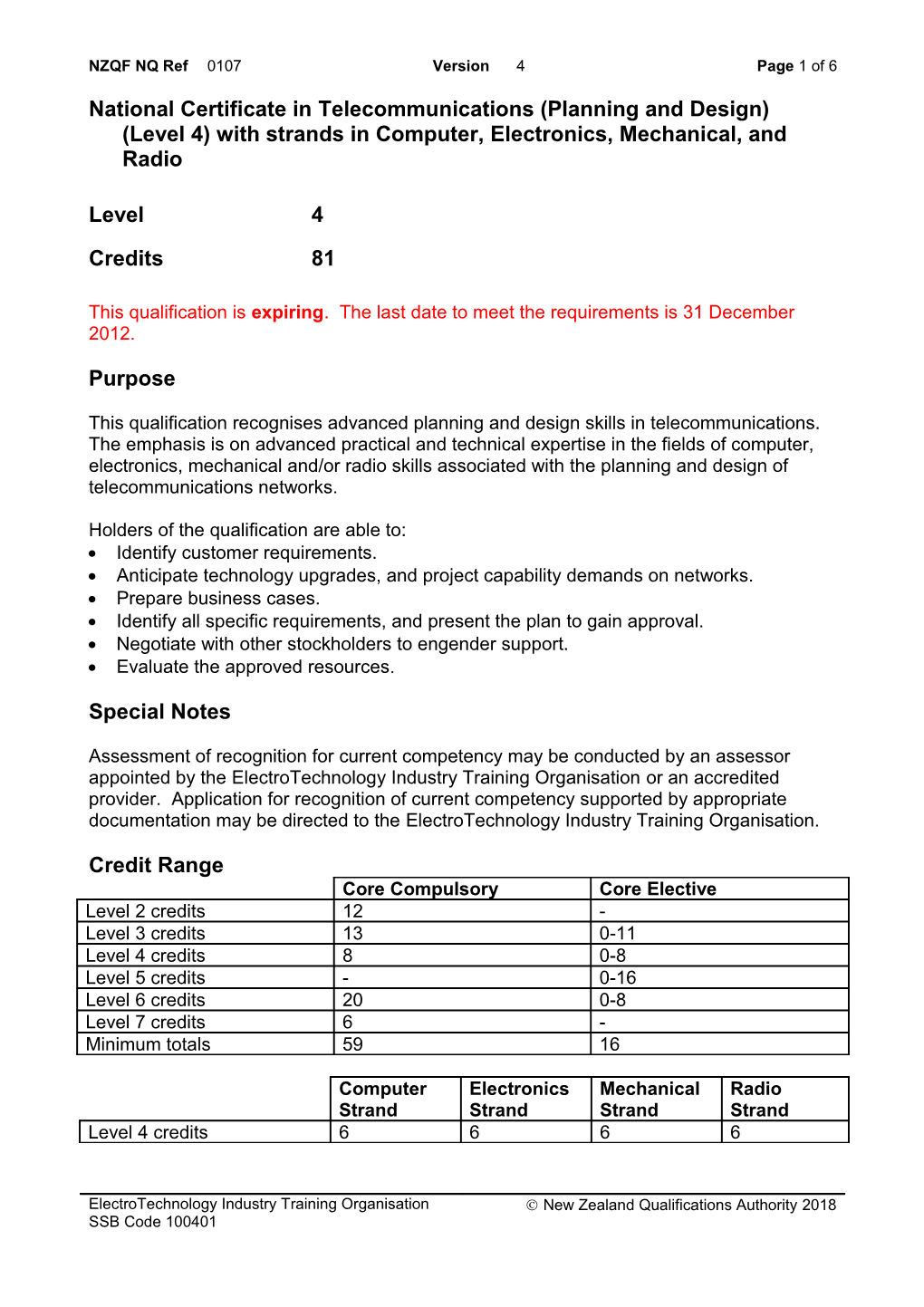 0107 National Certificate in Telecommunications (Planning and Design) (Level 4) with Strands