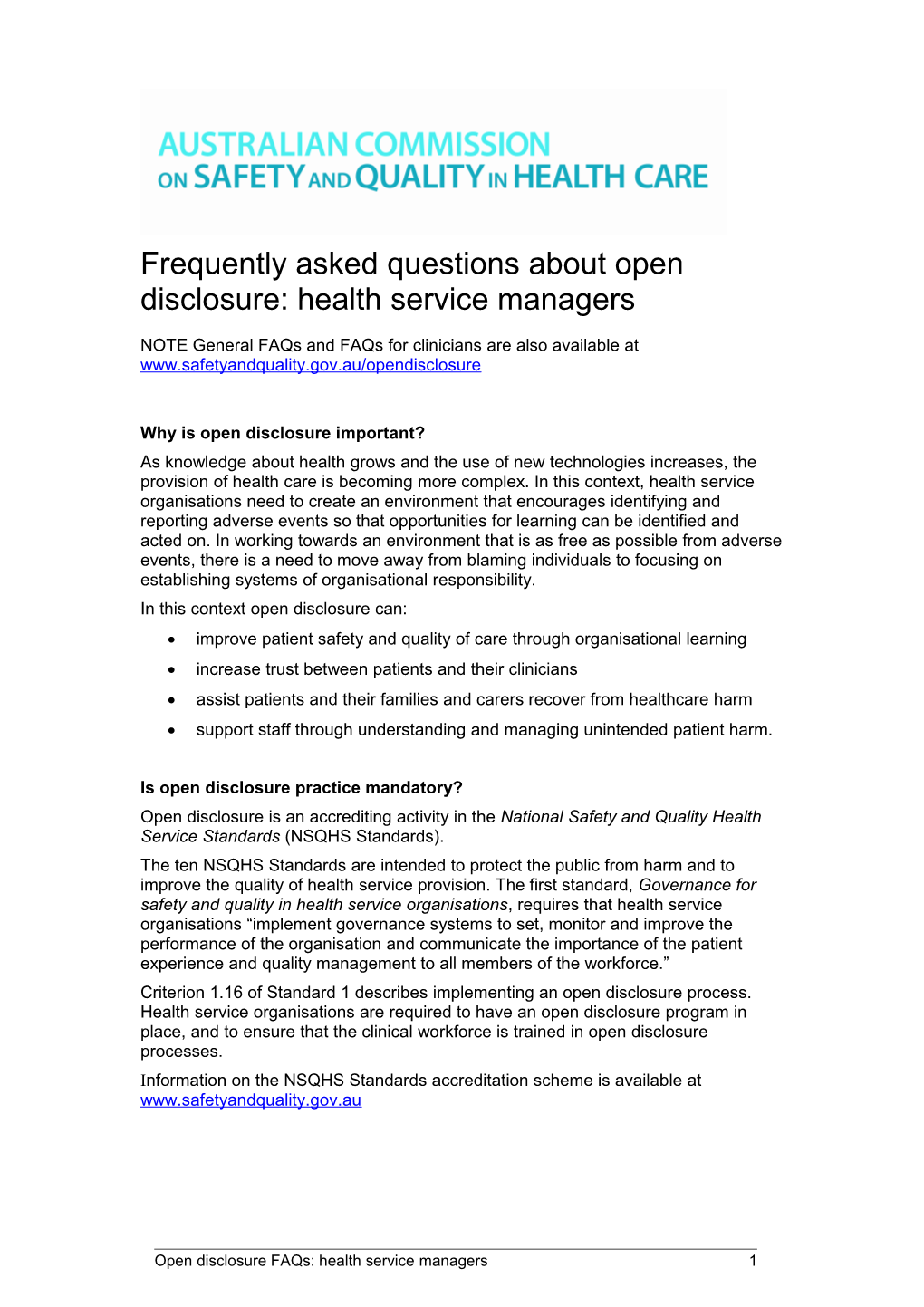 Frequently Asked Questionsabout Open Disclosure: Health Service Managers