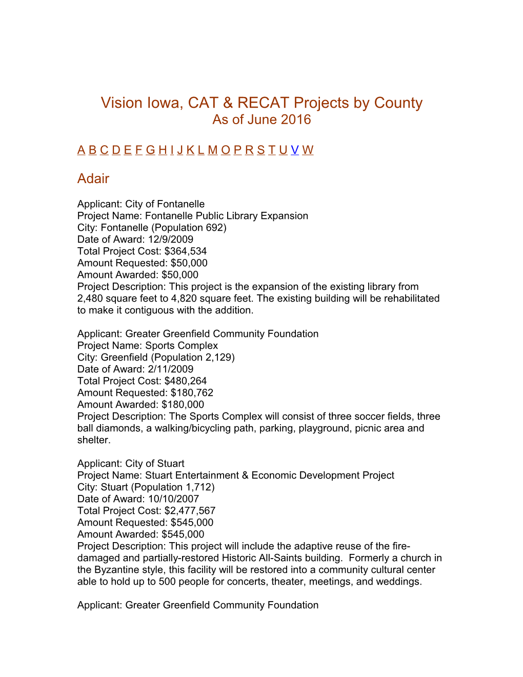 Vision Iowa, CAT & RECAT Projects by County