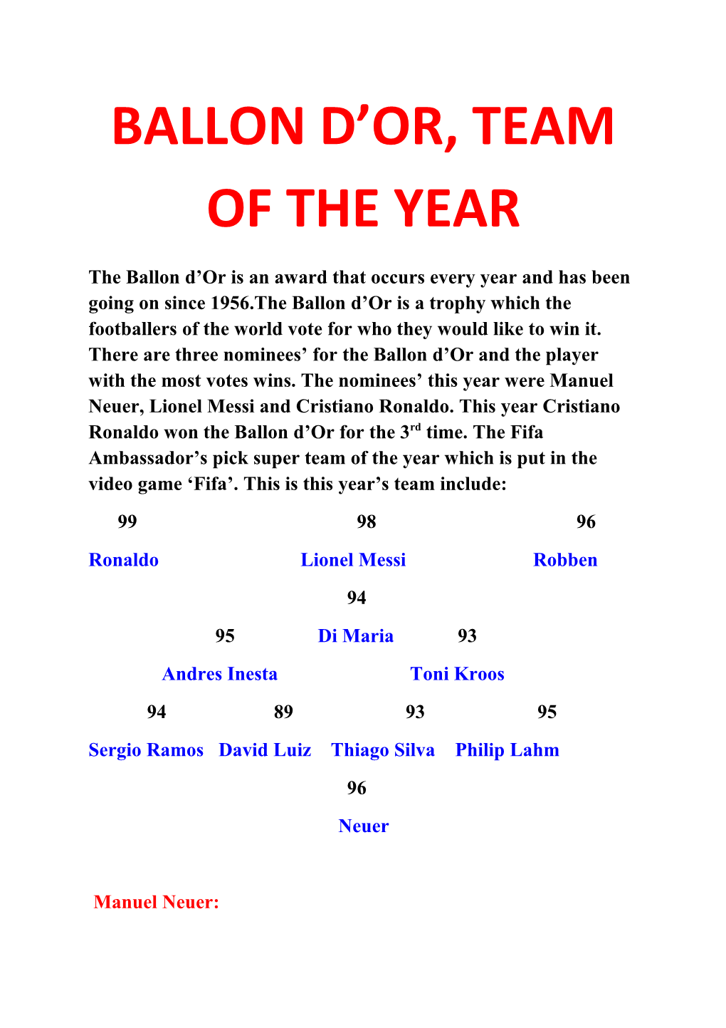 Ballon D Or, Team of the Year