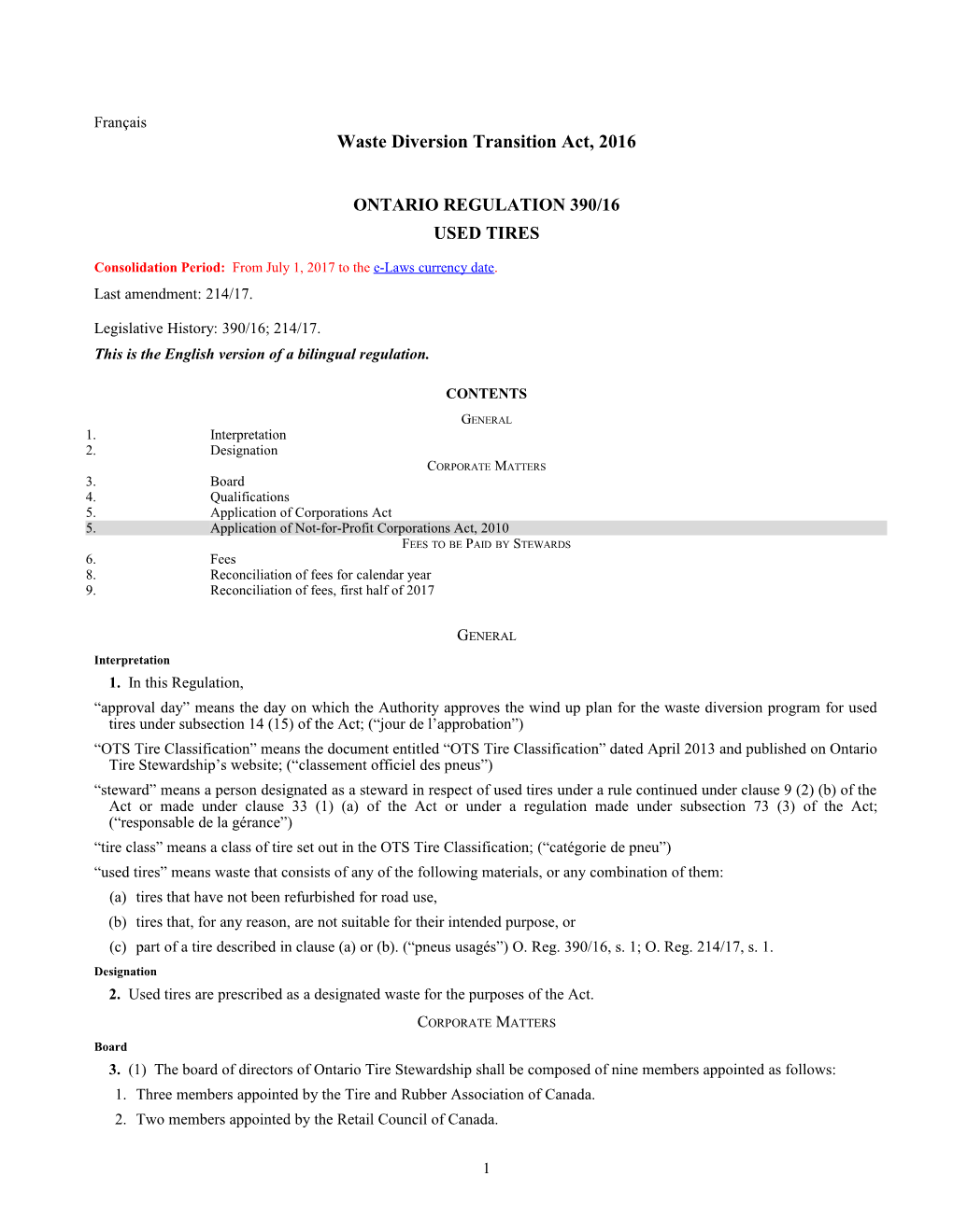 Waste Diversion Transition Act, 2016 - O. Reg. 390/16