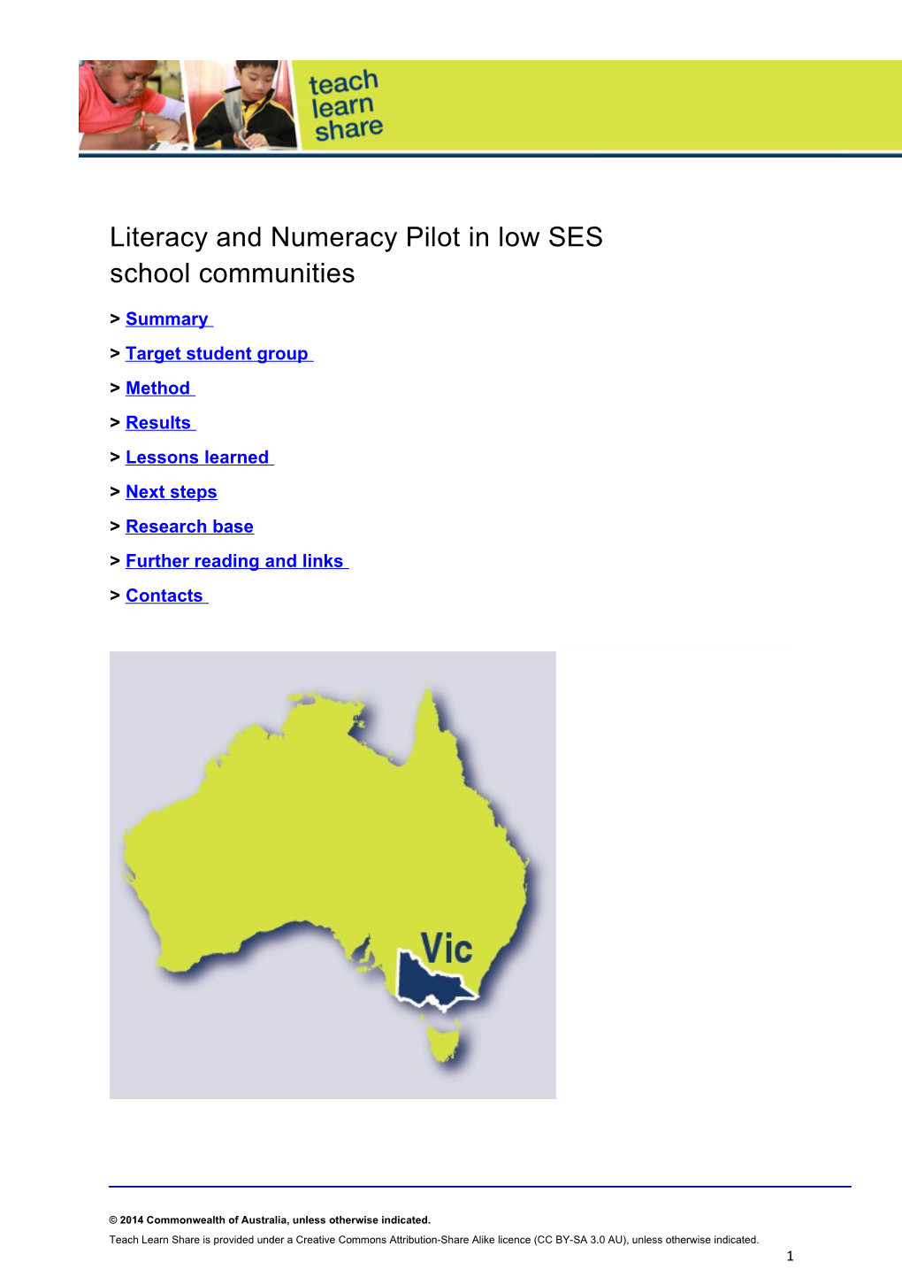 Literacy and Numeracy Pilot in Low SES School Communities