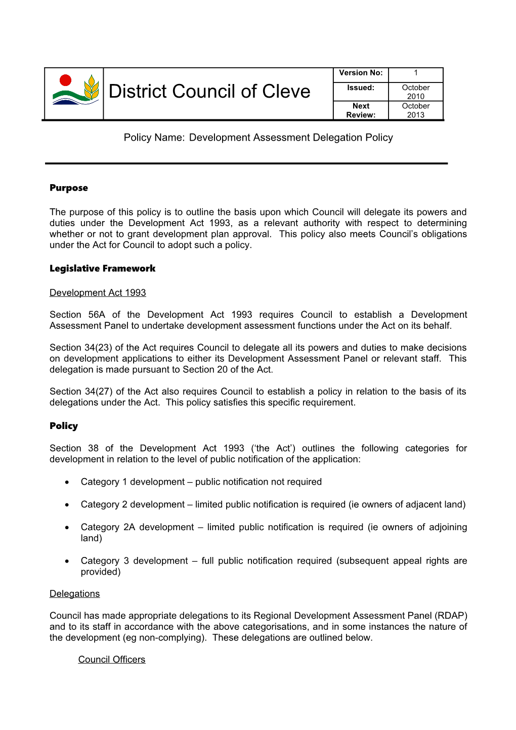 Development Assessment Delegation Policy