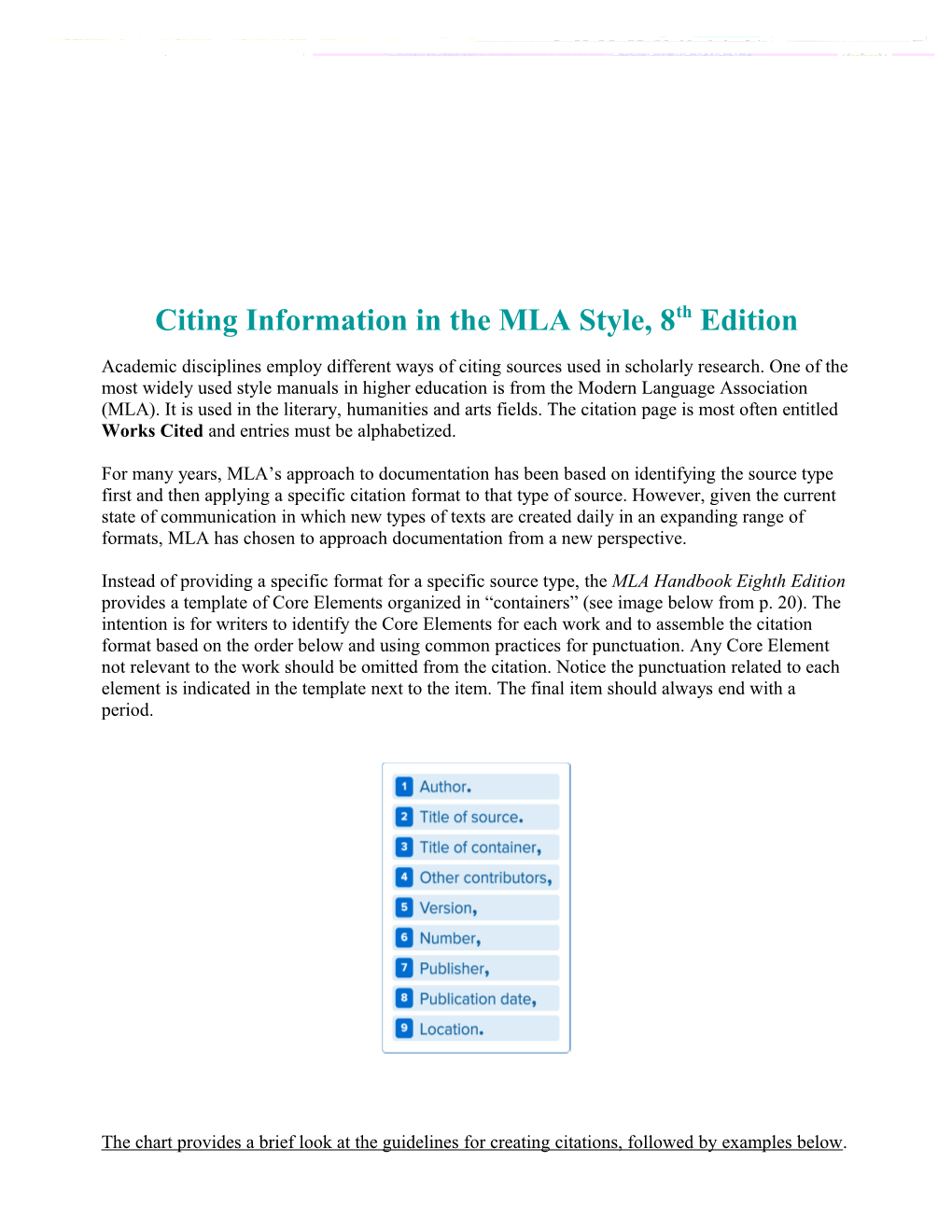 Citing Information in the MLA Style, 8Th Edition