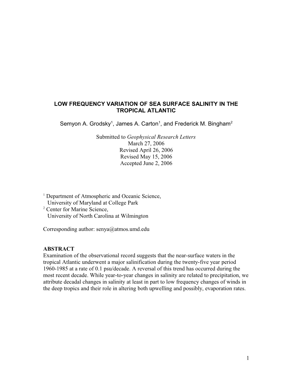 Low Frequency Variation of Sea Surface Salinity in the Tropical Atlantic