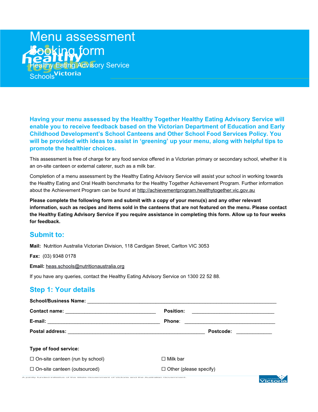Having Your Menu Assessed by the Healthy Together Healthy Eating Advisory Service Will