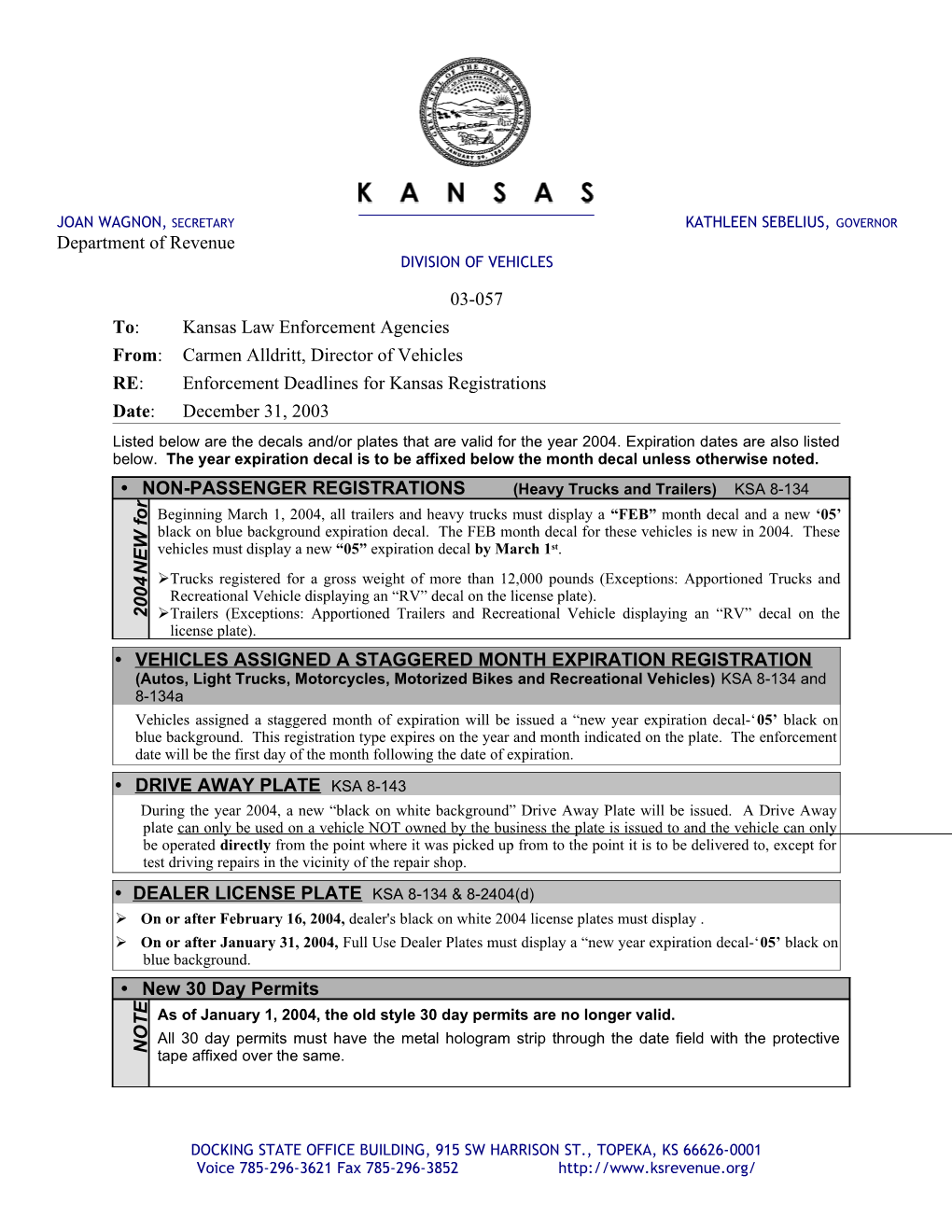 Enforcement Deadlines for Kansas Registrations