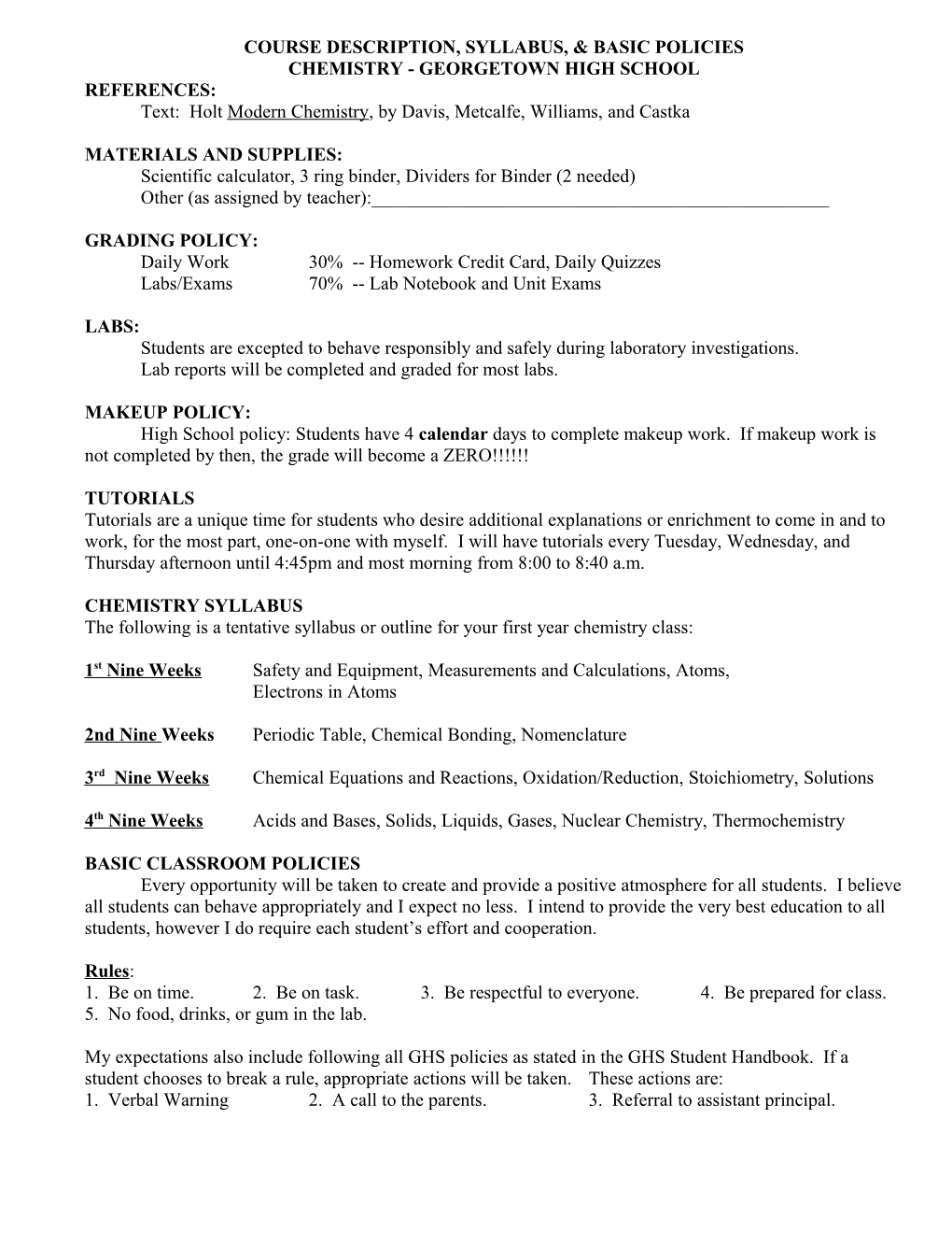 Chemistry I Course Description and Sylabys