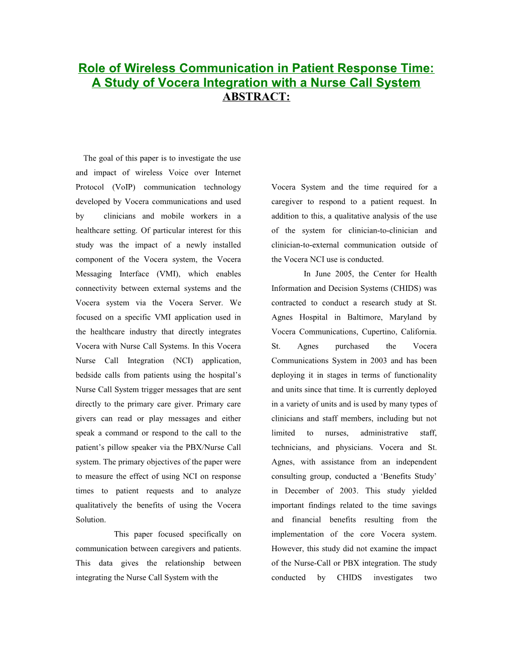 Role of Wireless Communication in Patient Response Time: a Study of Vocera Integration