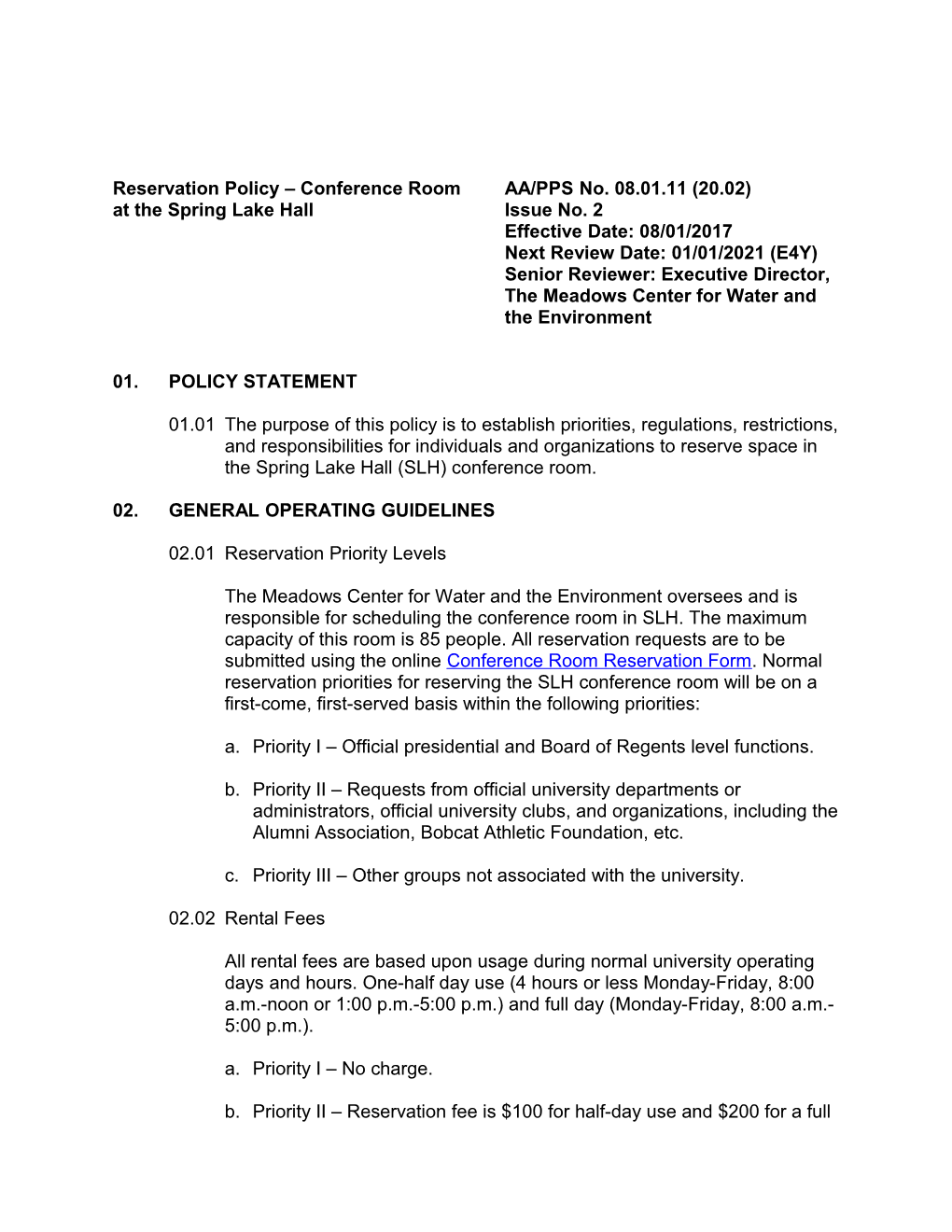Reservation Policy Conference Roomaa/PPS No. 08.01.11 (20.02)