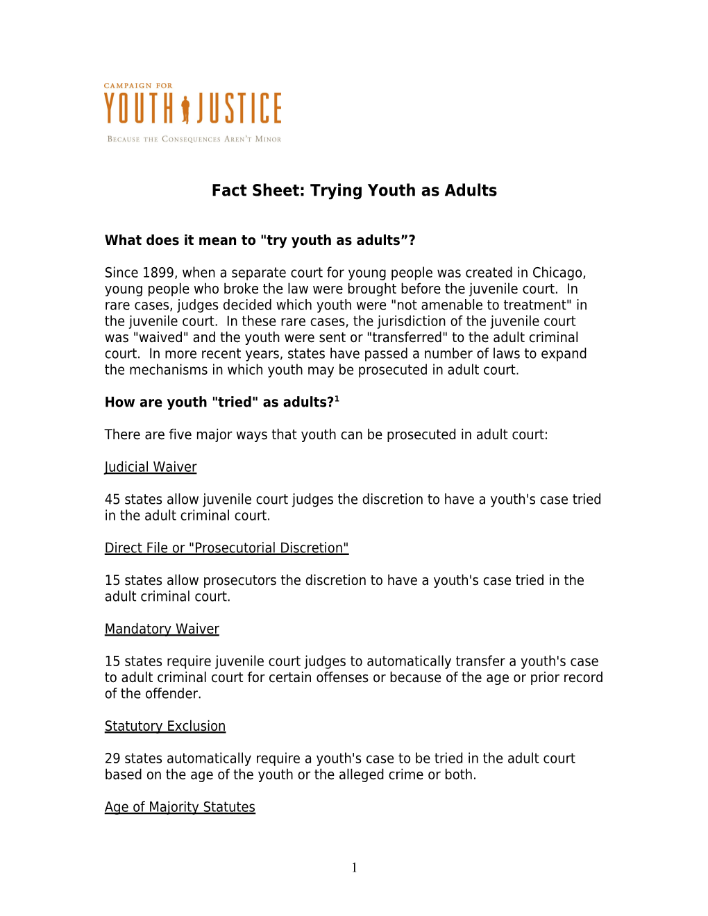 Fact Sheet: Trying Youth As Adults