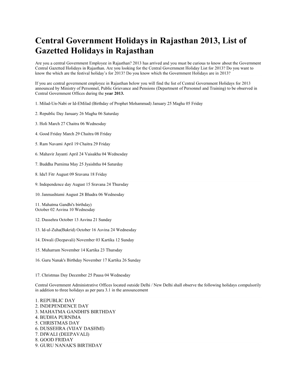 Central Government Holidays Inrajasthan2013, List of Gazetted Holidays in Rajasthan