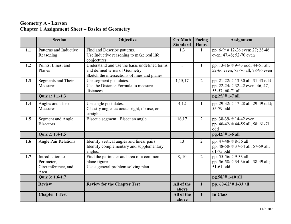 Chapter 1 Assignment Sheet Basics of Geometry