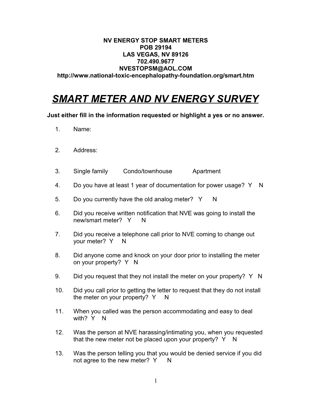 Smart Meter and Nv Energy Complaint Form