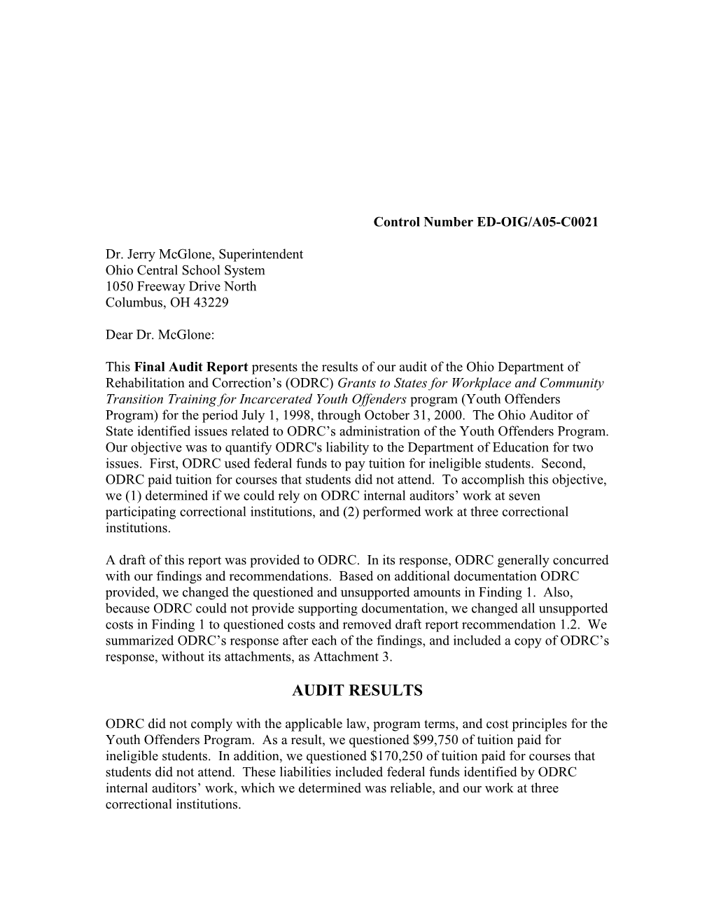 Final Audit Report ED-OIG/A05-C0021